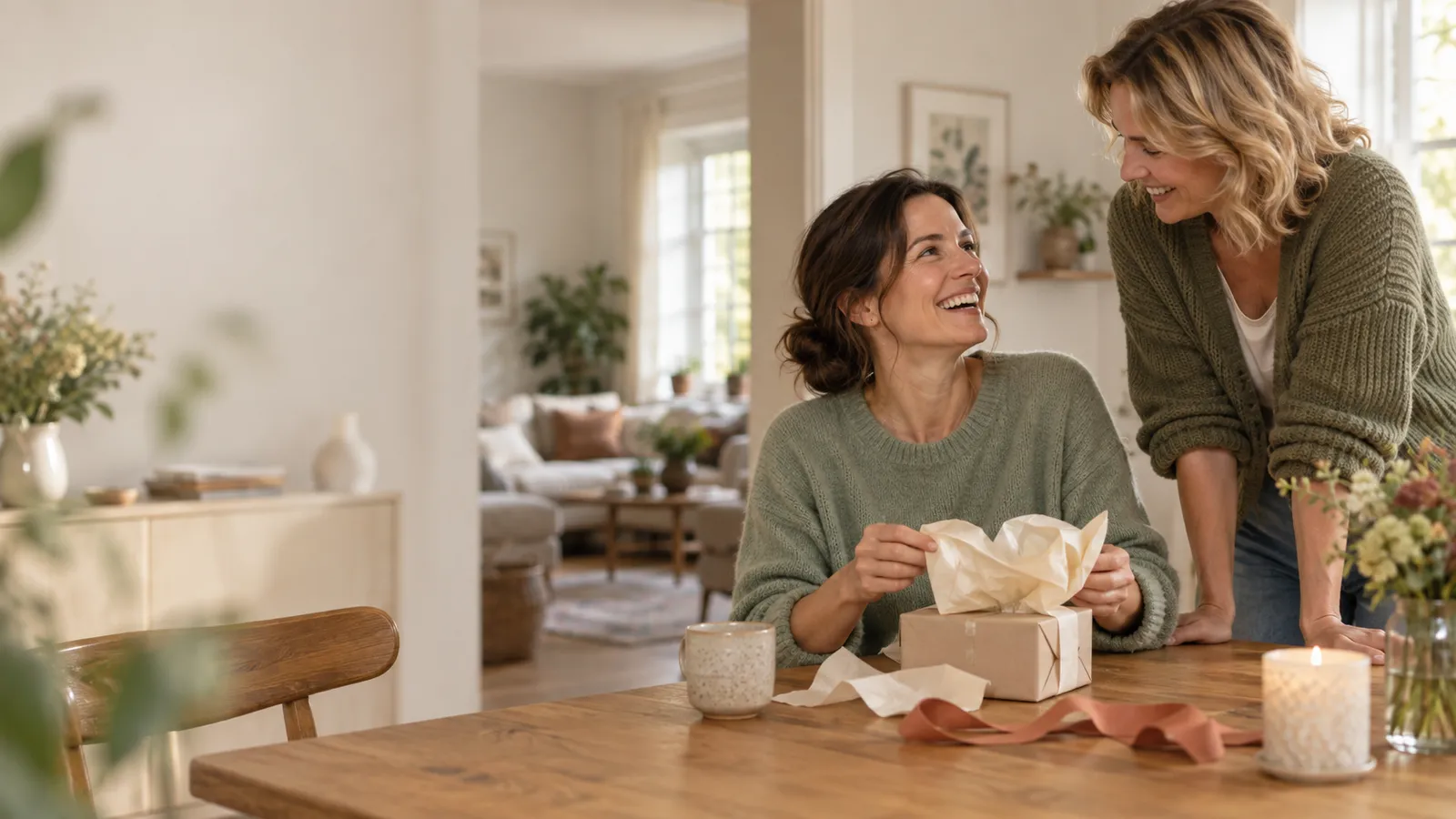 KI-Symbolbild: Eine Frau lacht mit ihrer Freundin, nachdem sie ein kleines Geschenk ausgepackt hat.